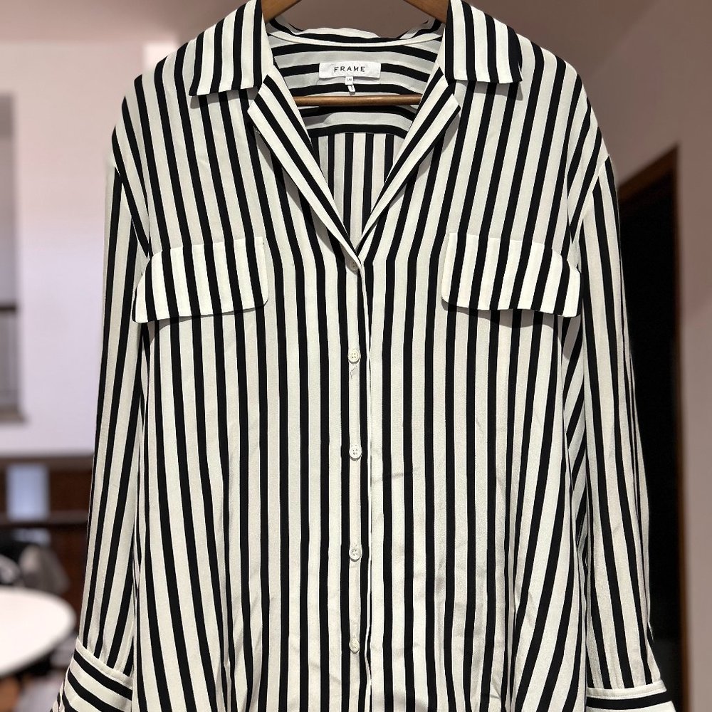 FRAME Striped Silk Blouse - Size: Large
